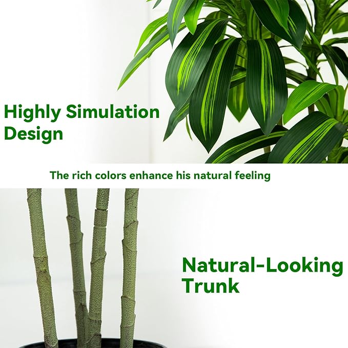 Artificial Dracaena Tree Artificial Silk Tree Faux Tree with White Tall Planter Fake Tropical Yucca Floor Plant (1, White Tall Planter, 6 FT)-Ruum Studio Home