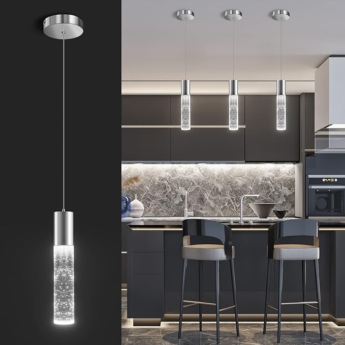 OKELI Pendant Lights Kitchen Island 1 Pack, 6000K Modern LED Bubble Crysta Pendant Light, Chrome Mini Single Island Lights Hanging Lighting for Dining Room, 6W, ETL-Ruum Studio Home