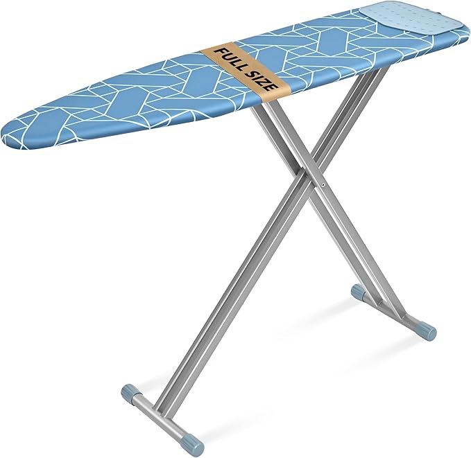 APEXCHASER Ironing Board with Silicon Iron Rest, Heavy-Duty Legs and Heat Resistant Cover, 13x53 inch, Blue-Ruum Studio Home