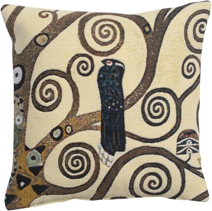 C Charlotte Home Furnishings Inc Lebensbaum Bird Belgian Cushion Cover | Pure Cotton Decorative Cushion Case | Cushion Cover for Indoor Use | 17x17 Inch Cushion Cover for Living Room I By Gustav Klimt-Ruum Studio Home