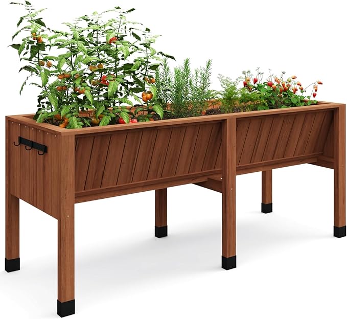72x26x31 Inch Raised Garden Bed with Legs, 13.7In Depth Wooden Planter Box for Outdoor Growing Vegetables and Herbs, Elevated Garden Bed with Hooks for Backyard, Patio, Balcony-Ruum Studio Home