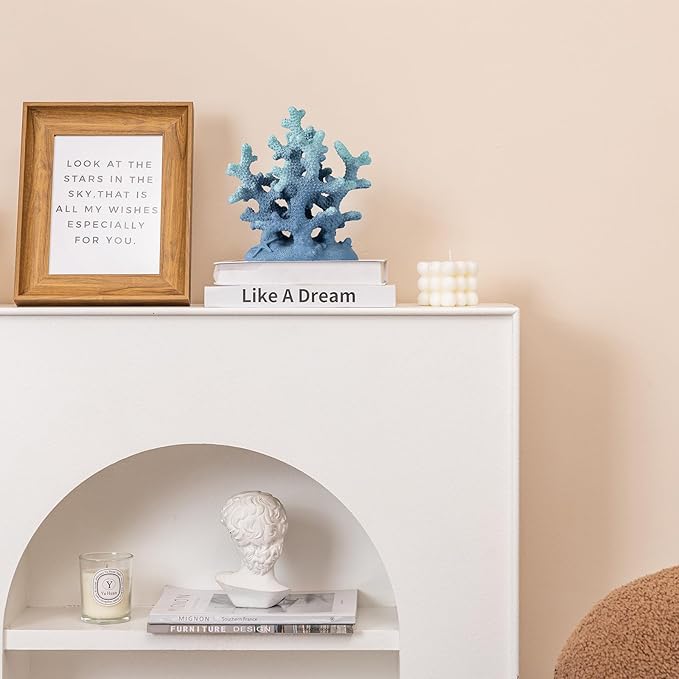 7.1" H Blue Coral Decor, Resin Coral Statue, Nautical Decorations for Home, Bedroom, Bathroom, Living Room, Beach/Coastal/Ocean Themed Cabinet Shelf Tabletop Decor-Ruum Studio Home