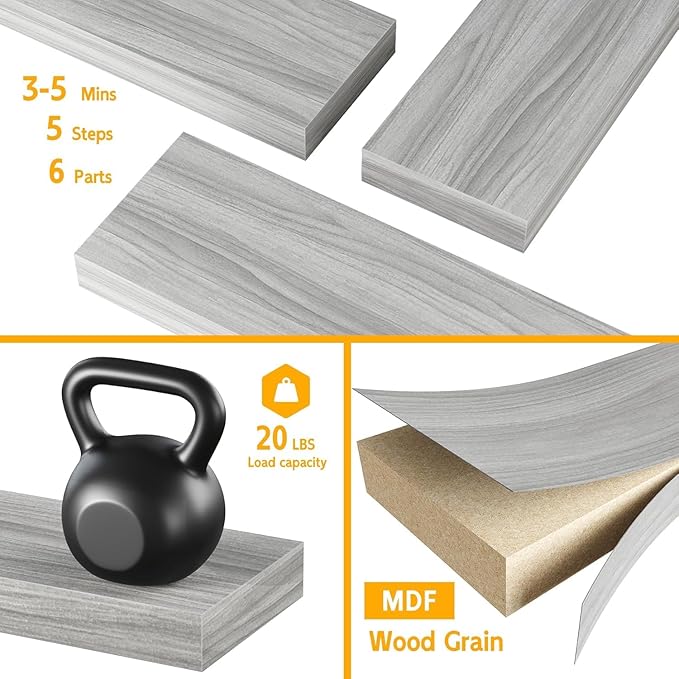 BAMEOS Floating Shelf,Wall Shelf,Decor Wall Mounted Shelves,Hanging Shelf Set of 3,L24xW6 for Bathroom Kitchen Living,Kitchen,Room Bedroom Storage,Walnut-Ruum Studio Home
