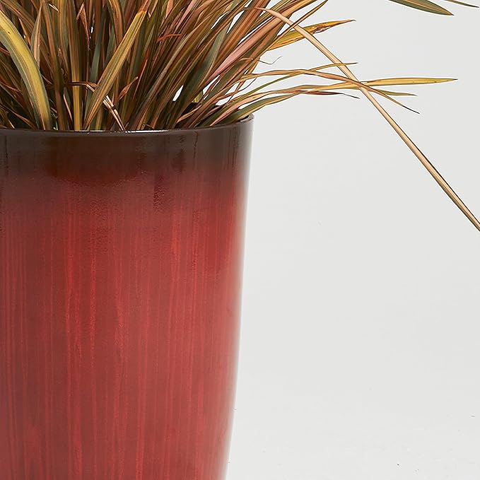 Worth Garden 20" H. Plastic Planters - Set of 2 Gradient Red Glossy Smooth Finish - Tall Plant Pots Drain Hole for Indoor Outdoor Use - Decorative Lightweight Flower Pots for Front Porch, Patio, Deck-Ruum Studio Home