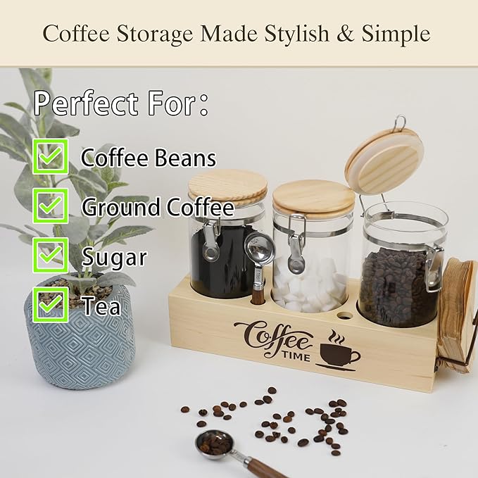 Glass Coffee Canister Set with Shelf & Spoons 3 Piece Coffee Containers for Ground Coffee Coffee Bean Storage Airtight Seal, Coffee Bar Coffee Filter Holder for Kitchen Organization-Ruum Studio Home