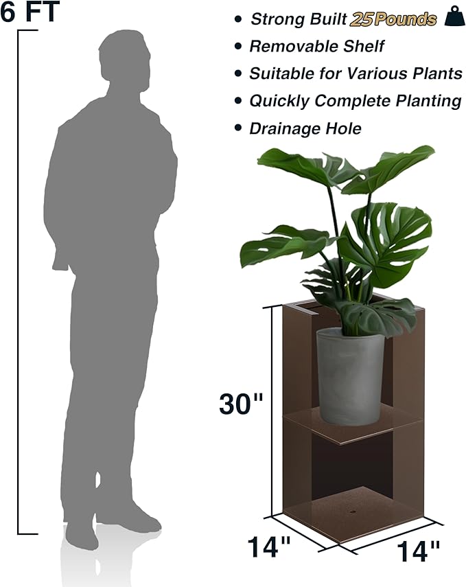 Large Planter for Outdoor Plant 14Lx14Wx30H Inches Metallic Heavy Tall Planter Box for Outdoor & Indoor, Rectangular Flowerpot 25Lbs/PC, Espresso, No Assembly and Seamless, Set of 2-Ruum Studio Home