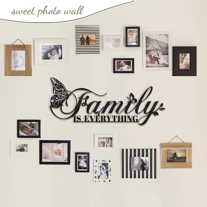Family Signs Metal Wall Decor, Oppro Family Is Everything Word Sign with Butterfly for Home Decor, Black Art Plaque Letters for Living Room, Dining Room Bedroom Housewarming Mother's Day Father's Day Gift , 17”x6.3”-Ruum Studio Home
