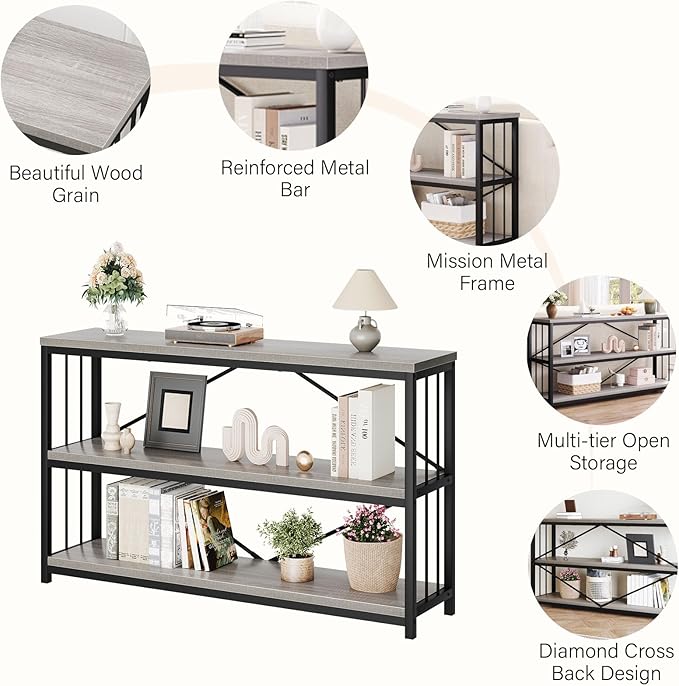 LVB Farmhouse Entryway Table, Metal Wood Console Table for Hallway, Industrial Rustic Sofa Table with 3-Tier Storage Shelf, Modern Entry Table for Foyer Front Home Living Room, Light Grey Oak, 47 inch-Ruum Studio Home