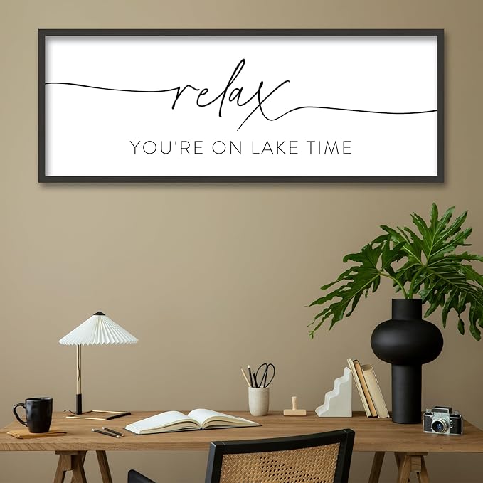 SRSZHIYUE Relax You're On Lake Time Wall Decor Above Bed Sign 32"×12" for Lake House Bedroom Over Bed Large Wood Framed Hanging Art (Black)-Ruum Studio Home