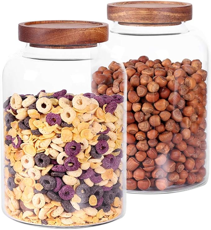 Thicken Glass Storage Jar, Food Storage Container/Canisters with Airtight Wooden Lid for Tea, Coffee, Honey, Cacao Powder,BPA Free Perfect as a Cereal Dispenser (7.6inch 2pcs)-Ruum Studio Home