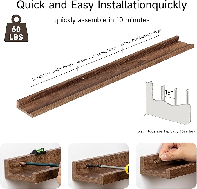 Floating Picture Ledge Shelves for Wall Set of 2, 55 Inches Picture Shelf with Ledge, Nursery Book Shelf for Toys Storage Kids Bookshelf Wall Mounted Living Room Bedroom Decor Frames, Walnut-Ruum Studio Home