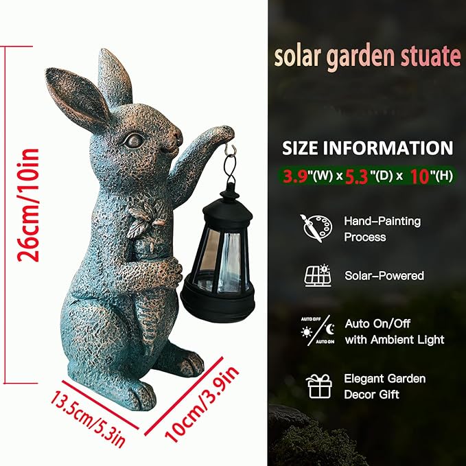 Solar Garden Statues -Rabbit Lantern Outdoor Handmade Resin Statue with LED Light, Cute Carrot Holder for Patio, Yard, Gift Ideas (rabbit2)-Ruum Studio Home