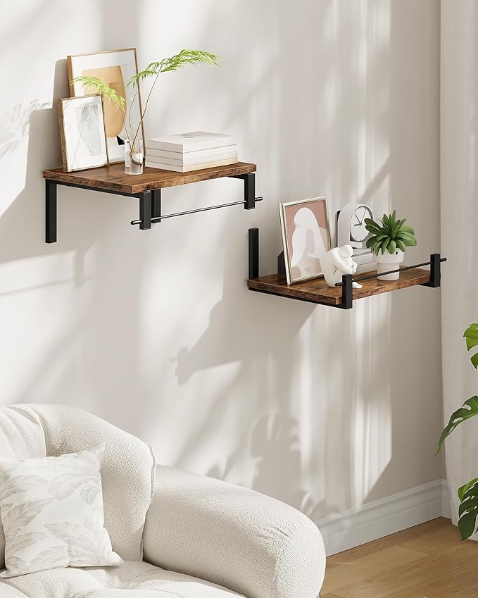 Deep Floating Shelves for Wall, 12 inch Wall Mounted Shelves Set of 2, Wide Floating Shelves for Living Room, Bedroom, Study, Bathroom, Rustic Brown and Black TBJ02P2BF-Ruum Studio Home