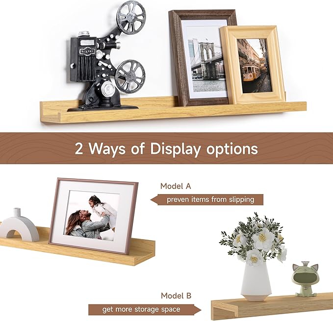 Fun Memories Picture Ledge Shelf, 24 Inch Floating Shelves Set of 2, Nursery Book Shelves for Toys Storage, Kids Bookshelf Wall Mounted for Wall Decor Books Photo Frames, Oak-Ruum Studio Home