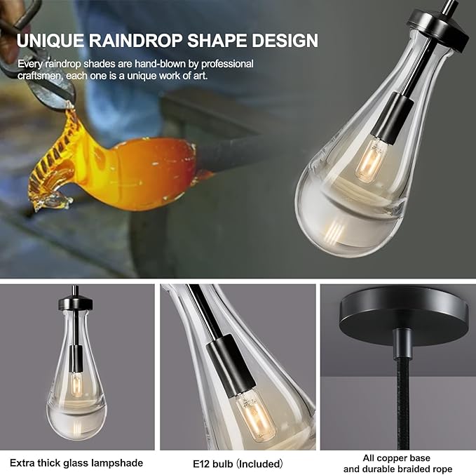 Modern Raindrop Pendant Lights Set of 3, Pendant Lights Kitchen Island 3 Pack, Matte Black Pendant Lights for Bedroom Bathroom, Chandelier for Living Room Hallway, Bulb Included-Ruum Studio Home