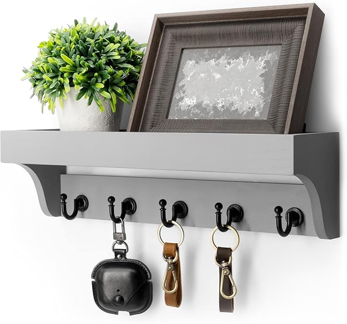Rebee Vision Decorative Key Holder for Wall - Modern Farmhouse Wall Mount Mail Organizer Keys Hanger with Floating Shelf, 5 Rustic Key Hooks for Entryway Home Decor (Gray)-Ruum Studio Home