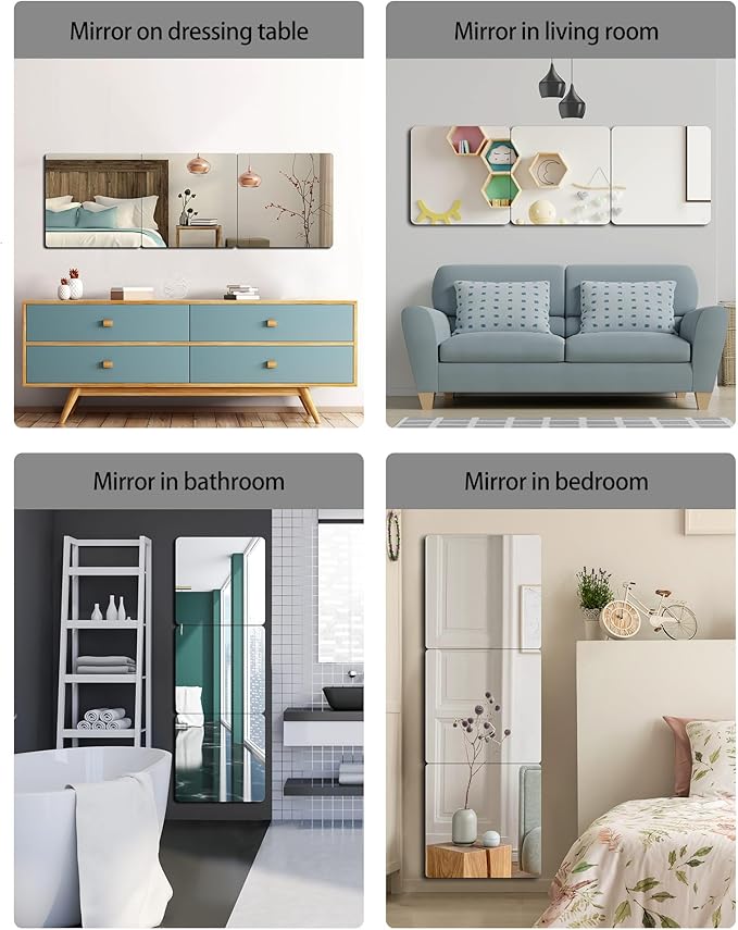 Unbreakable Full Length Wall Mirror,The Door Mirror,4Pack 14''x14'',Acrylic Kids Shatterproof Plexiglass Long Mirrors for Bedroom Closet,Children Non Glass Stick on Mirrors-Ruum Studio Home