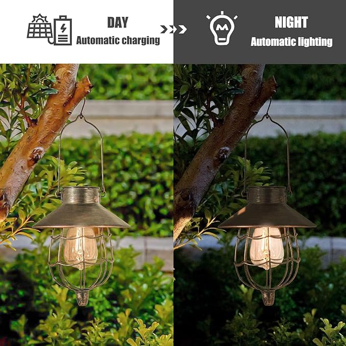 YAKii 2 Pack Solar Lantern Hanging Waterproof Outdoor Metal Solar Lamp with Warm White Light Decorate for Yard Garden Pathway Patio Porch Decor (Antique Copper)-Ruum Studio Home
