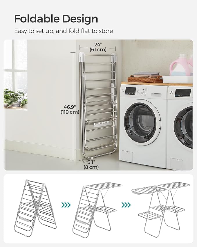 SONGMICS Clothes Drying Rack, Foldable 2-Level Laundry Drying Rack, Free-Standing Laundry Airer, with Height-Adjustable Wings, 33 Drying Rails, Sock Clips, Silver and White ULLR053W01V1-Ruum Studio Home