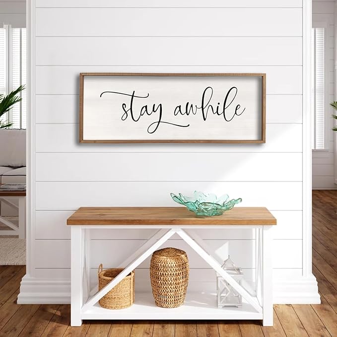 Stay Awhile Sign Wall Decor 32"X12" Large Living Room Entryway Wood Framed Rustic Wall Decor for Vintage Farmhouse Foyer Hanging Lets Stay Home Wall Art (Wood)-Ruum Studio Home