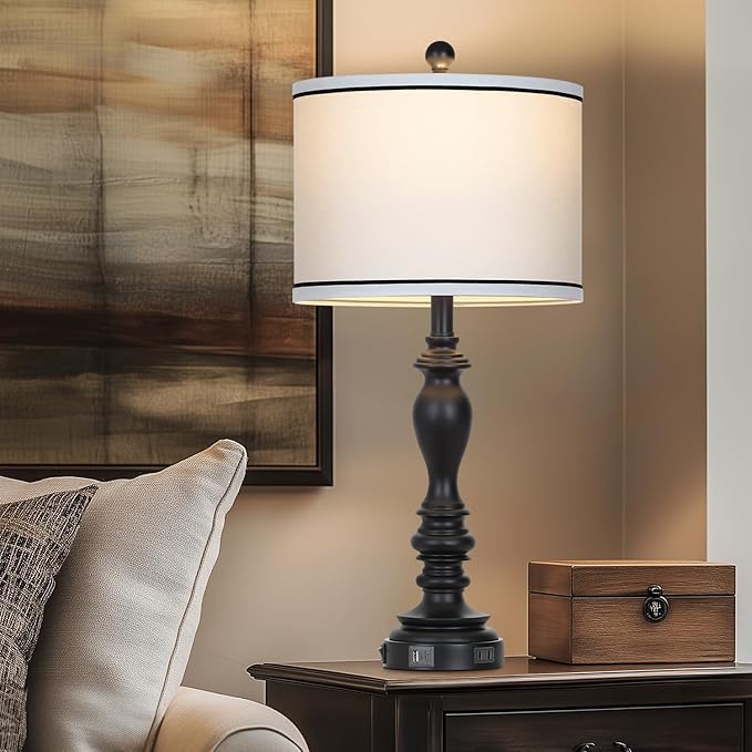 27.5" Farmhouse Table Lamp for Living Room, Black Lamps Set of 2 with USB A+C Ports, Mid Century Tall Table Lamp for Bedroom, Bedside Lamps for Night Stands(2 Bulbs Included)-Ruum Studio Home