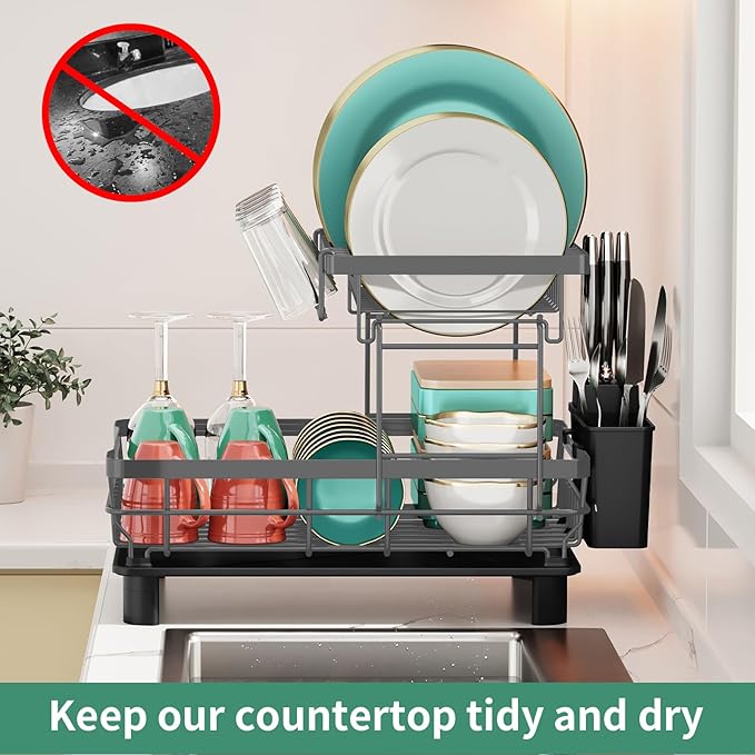 MOUKABAL Dish Drying Rack, 2 Tier Dish Rack, Large Dish Racks for Kitchen Counter, Dish Drainer with Removable Utensil Holder, Drainboard (Grey)-Ruum Studio Home