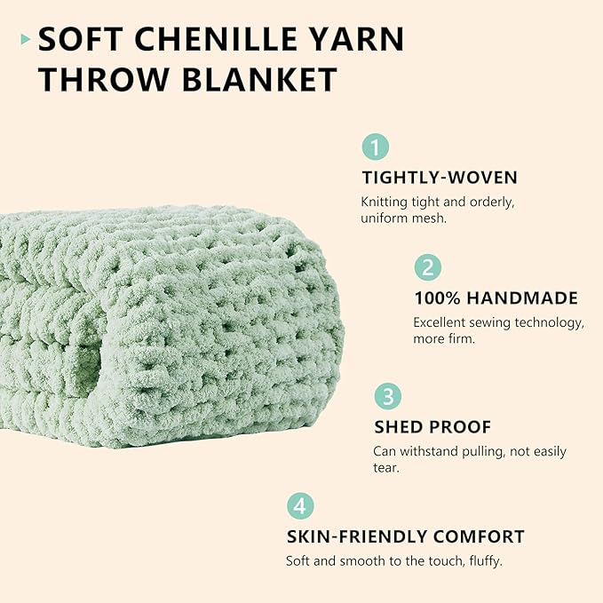L'AGRATY Chunky Knit Blanket Throw: 60''x80'' Chenille Chunky Knitted Throw Blanket for Bed Couch - Handmade Thick Big Cable Knit Blanket - Large Crochet Rope Blanket for Home Decor(Milky Green)-Ruum Studio Home
