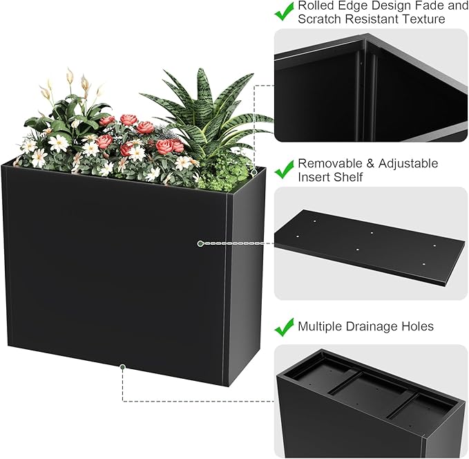 Tall Metal Cube Planter for Outdoor Plants 36" L x 12" W x 26" H, Heavy Duty Steel Large Planter Box with Removable Insert Shelf, Modern Décor for Tall Plants, Trees, Flowers (Black)-Ruum Studio Home