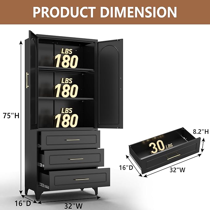 Kitchen Pantry Cabinet, 75" Tall Pantry Cabinet with Three Drawers, Freestanding Food Cupboard with Doors and Shelves, Metal Storage Cabinets for Dining, Living Room, Black, Assembly Required-Ruum Studio Home
