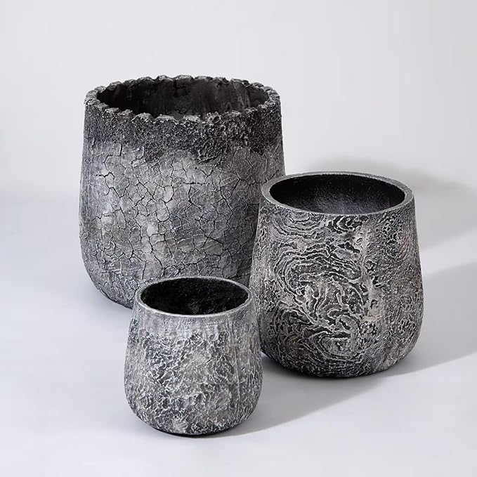 Craft flowerpots 18"+13"+19" Dia Round Concrete Planter Set of 3 Large Outdoor/Indoor Planter Pots Containers with Drainage Holes and Rubber Plug for Home Garden (Dark Gray, Large)-Ruum Studio Home