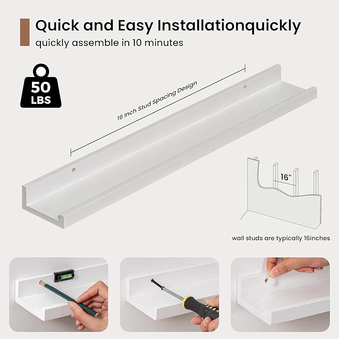 Picture Ledge Shelf, Solid Pine Wood Floating Shelves Set of 2, 24 Inches Nursery Book Shelves for Toys Storage, Kids Bookshelf Wall Mounted for Living Room Bedroom Decor Books Photo Frames, White-Ruum Studio Home