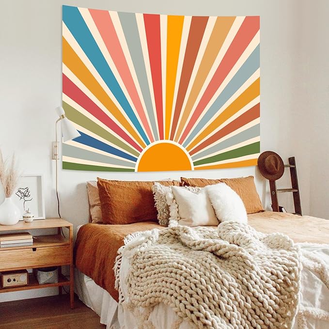 Kanuyee Boho Burning Sun Tapestry Wall Hanging, Retro 70s Abstract Vintage Geometric Rainbow Sunrise Tapestries for Bedroom Living Room Backdrop 60×80 inch-Ruum Studio Home