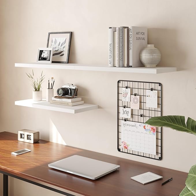 Wall Shelf Set of 2, White Floating Shelves 24 in W x 10 in D x 1 in H, Wooden Floating Wall Shelf with Invisible Brackets for Living Room/Bedroom/Bathroom/Kitchen Storage and Decor-Ruum Studio Home