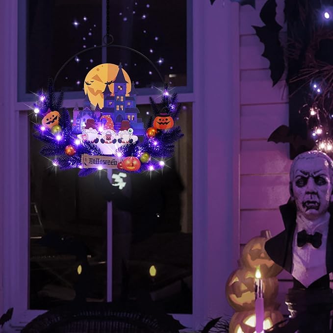 Lighted Halloween Wreaths for Front Door, Welcome Metal Wooden Door Wreath Decor Hanging Sign, 30 LED Lighted Wall Decor Battery Operated for Halloween Indoor Outdoor (Dwarf)-Ruum Studio Home