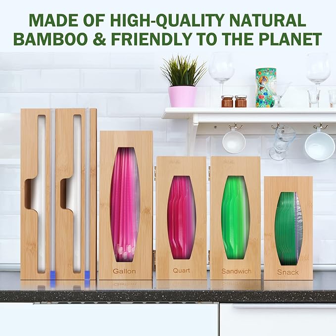 Individual Storage Bag Organizer for Kitchen Drawer, Bamboo with Foil and Plastic Wrap Organizer for Kitchen Organizers and Storage, for Gallon, Quart, Sandwich, Snack-Ruum Studio Home