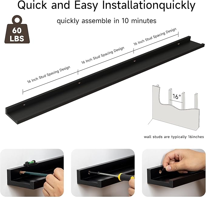 Floating Picture Ledge Shelves for Wall Set of 2, 72 Inches Picture Ledge Shelf with Long Large Nursery Book Shelf for Toys Storage Kids Bookshelf Wall Mounted Living Room Bedroom Decor Frames, Black-Ruum Studio Home