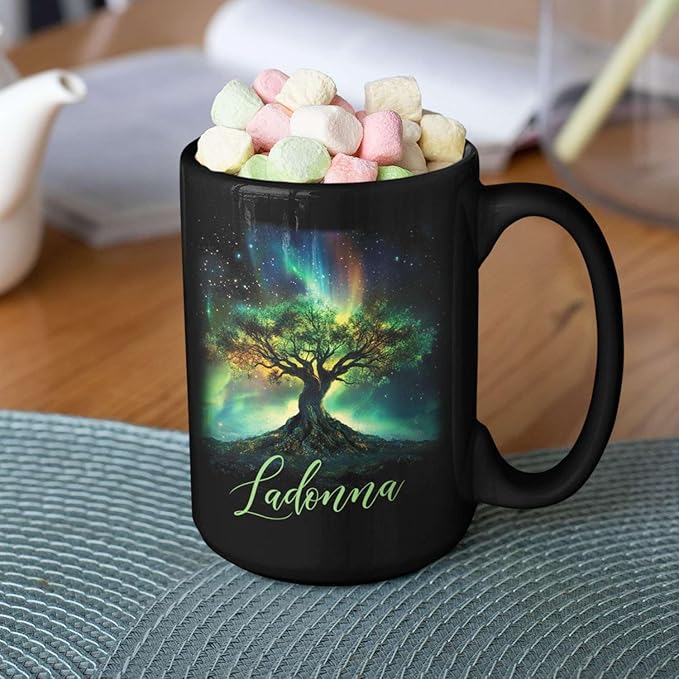 Custom Unique Name Coffee Cup, Customized Mystical Nature Inspired Mug 11oz 15oz, Personalized Enchanted Tree With Northern Lights Ceramic Cup, Nature Black Mug, Gift For Women Men-Ruum Studio Home