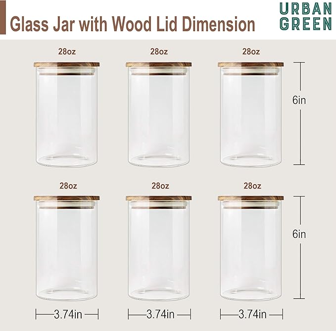 Urban Green Glass Jars with Airtight Lids, Airtight Canisters with Wood Lids, Glass Storage Containers with Bamboo Lid, Food Storage Containers Set (6 Pack of 27oz)-Ruum Studio Home