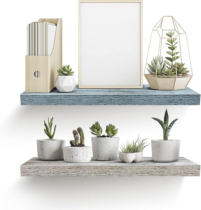 Sorbus Floating Shelf — Hanging Wall Shelves Decoration — Perfect Trophy Display, Photo Frames — Extra Long 24 Inch (Rectangle Shelf Set - Blue White)-Ruum Studio Home