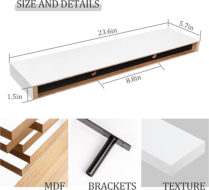 BAMEOS Floating Shelf,Wall Shelf,Decor Wall Mounted Shelves,Hanging Shelf Set L24xW6 for Bathroom Kitchen Living,Kitchen,Room Bedroom Storage,White-Ruum Studio Home