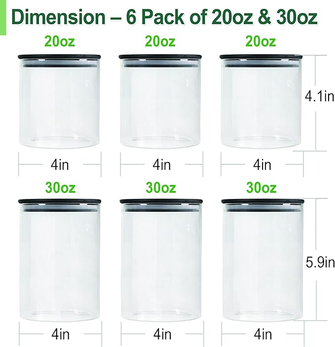 Urban Green Glass Jars with Black Bamboo Lids, Food Storage Containers with Airtight Black Lids, Glass Kitchen Canisters Sets (3 pack of 20oz + 3 pack of 30oz)-Ruum Studio Home