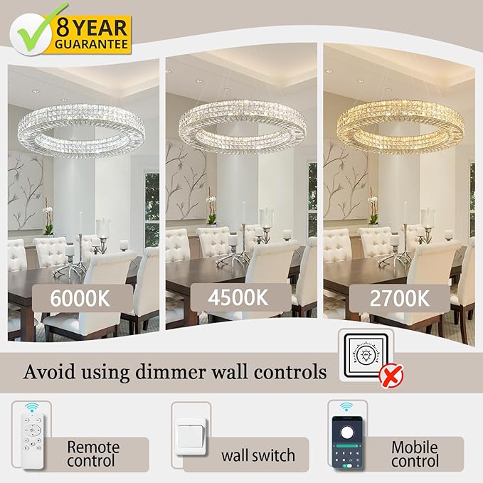 Dia 24" Modern Crystal Chandelier Gold Ring Chandelier Adjustable Height Luxury Crystal Pendant Ceiling Light Fixture for Dining Living Room Bedroom-Ruum Studio Home