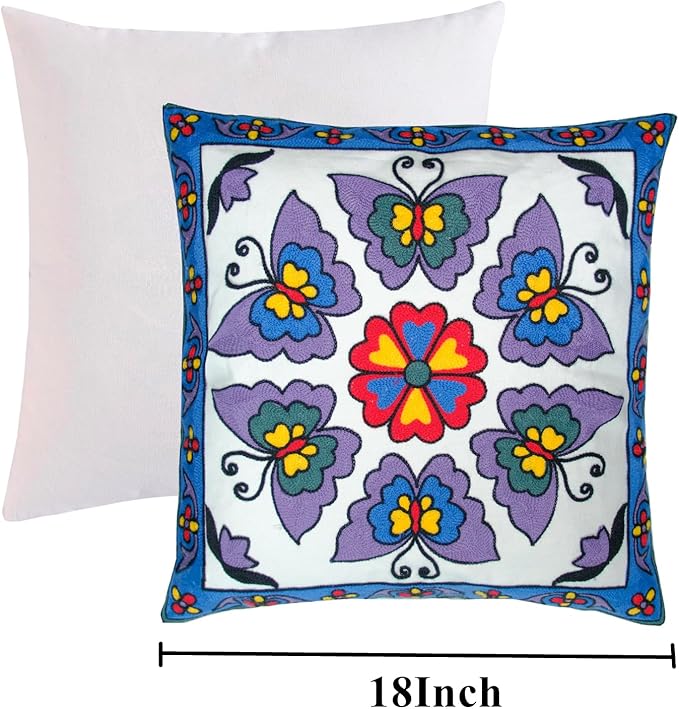 Embroidered Decorative Throw Pillow Cover, 18"x18" Set of 2, Farmhouse Pillowcase Purple Butterfly Knit Pattern Cotton Canvas Cushion Case Square Floral Pillow Case for Sofa Couch Bed Living Room-Ruum Studio Home