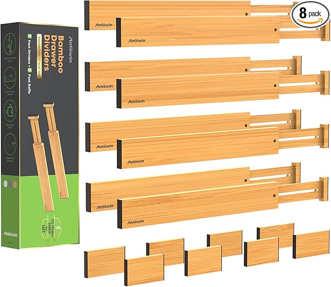 ANTOWIN Bamboo Drawer Dividers Organizers 16pcs, Expandable Drawer Separators Splitter, 17-22 inches Long Adjustable Spring-loaded Organizer for Large Utensil, Clothes, Tools Drawers (8+8)-Ruum Studio Home