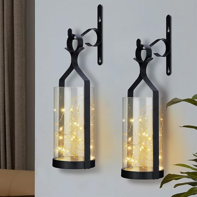 Metal Wall Sconce 35 Led Lantern Set of 2 - Black Wall Mounted Hanging Holder with Glass & Candles Vintage Wall Decor for Porch, Living Room, Dining Room, Bedroom Indoor Decor-Ruum Studio Home