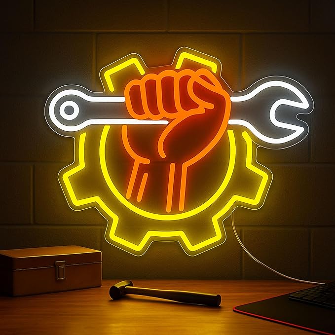 Wrench Neon Sign for Wall Decor – USB Powered LED Garage Sign with Dimmer, Car Room Accent Light, Auto Repair Workshop Wall Lamp, Man Cave Neon Decor, Gift for Dad or Car Enthusiast 13"x14.3"-Ruum Studio Home