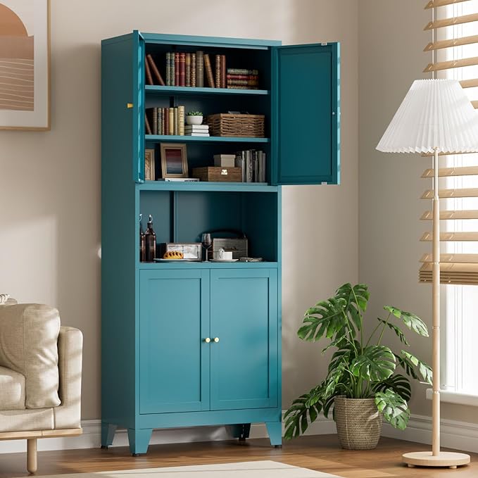 69" Tall Kitchen Pantry Cabinet, Metal Storage Cabinet with 4 Doors and Adjustbale Shelves, Freestanding Cupboards for Dining Room, Living Room, Bathroom-Ruum Studio Home