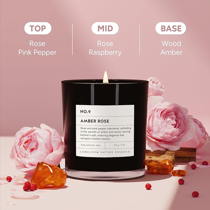 Amber & Rose Luxury Scented Candles, 9oz Soy Wax Candles for Home Scented, Rose, Wood, Amber Scent, Long Burning Time, Gifts for Women, Friends, Men, Sister, Mom, Teacher-Ruum Studio Home