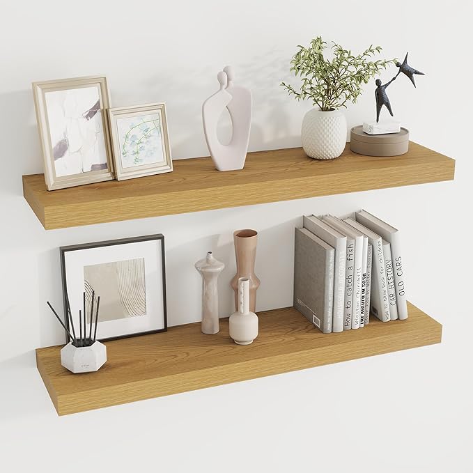 36 inch Floating Shelves Wall Shelves for Office with Invisible Brackets, 8 inch Deep Shelves for Bathroom, Living Room, Kitchen, Office, 36x7.9 inch deep Set of 2, Oak-Ruum Studio Home