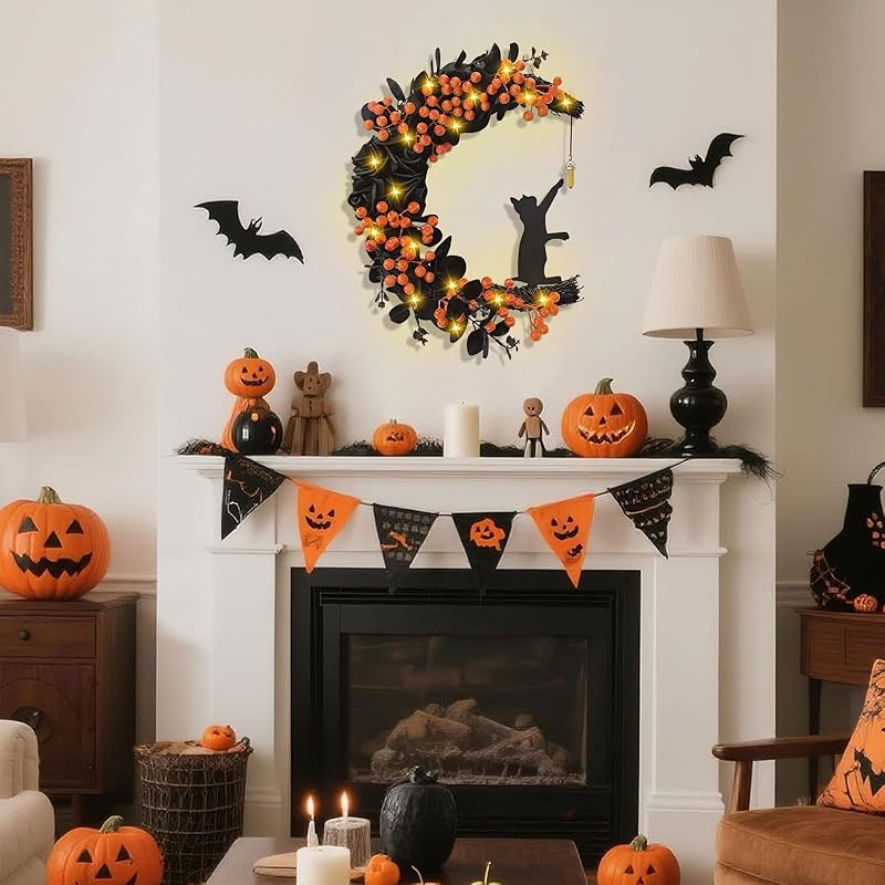 Halloween Wreaths for Front Door with Light, Black Cat Crescent Moon Wreath, Cute Cat Garland Halloween Door Decorations for Outdoor Indoor Decor Wall Window Home Party-Ruum Studio Home